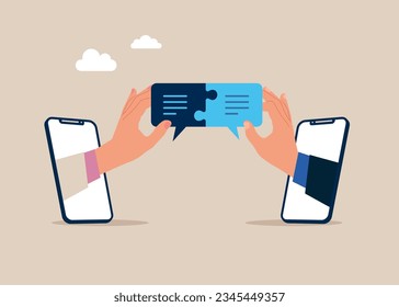 Business people connect speech bubble puzzle. Communication success. Vector illustration.