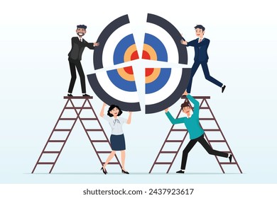 Business people connect target together, organization objectives, purpose or business goal and achievement, company target, teamwork develop objective together or ambition, collaboration (Vector)