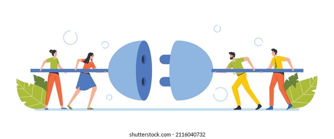 Business People Connect Wires. Concept of Partnership and Teamwork. Male Female Characters Pull Plugs Towards Each Other. Business Conversation, Cooperation. B2b Commerce. Cartoon Vector Illustration