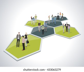 Business people connected over bee hive blocks
