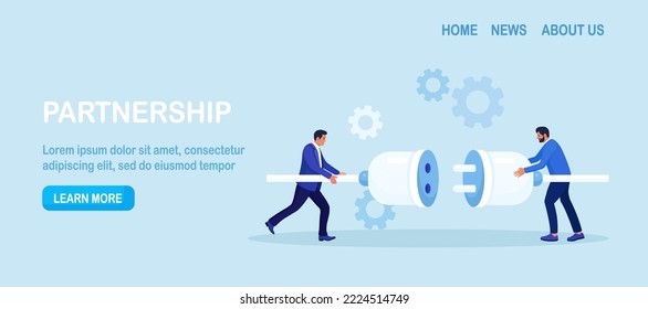 Business people connecting huge plug and outlet. Business strategy and connection, partnership. Cooperation, interaction. Businessman looking for new partners. Collaboration teamwork. Brainstorming