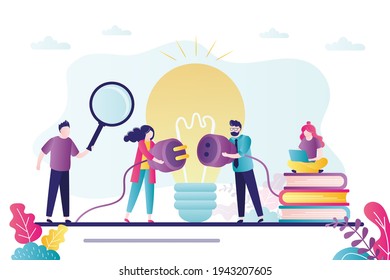 Business people connecting plug and outlet. Business connection, partnership and cooperation concept. Big light bulb on background. Company looking for new partners. Brainstorming. Vector illustration