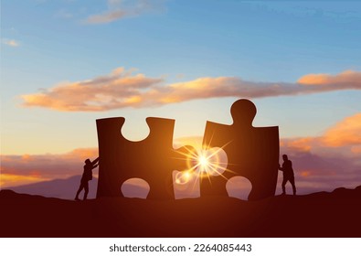 Business people connecting puzzle elements representing collaboration concept. Black silhouette. Business success concept. Vector illustration. Isolated on white background.