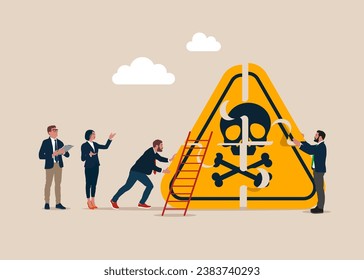 Business people connecting puzzle elements with danger sign. Solving problem, identify risk or critical failure concept. Vector illustration
