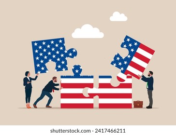 Business people connecting puzzle elements flag of United State of America. Flat vector illustration