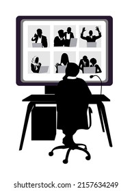 Business people connecting together, meeting online with teleconference, 
video conference, remote working on laptop computer, 
work from home concept, flat vector illustration silhouette