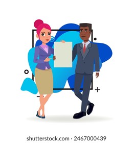 Empresarios con contrato. Ilustración vectorial plana. Hombre afroamericano y mujer caucásica en ropa formal señalando documento en blanco. Negocio, Acuerdo, publicidad, concepto de papeleo