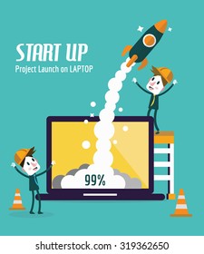 Business people control rocket launching on laptop. Startup and Development concept. flat design elements. vector illustration