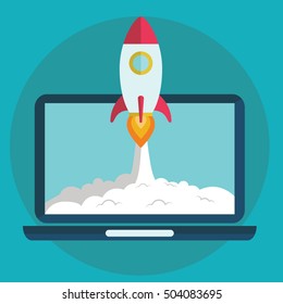 Business people control rocket launching on laptop. Startup and Development concept. flat design elements. vector illustration.