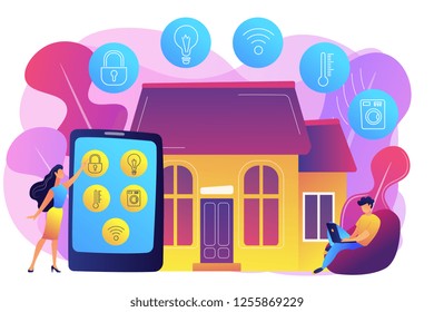Business people controlling smart house devices with tablet and laptop. Smart home devices, home automation system, domotics market concept. Bright vibrant violet vector isolated illustration