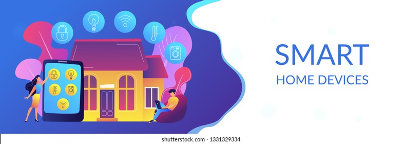 Business people controlling smart house devices with tablet and laptop. Smart home devices, home automation system, domotics market concept. Header or footer banner template with copy space.
