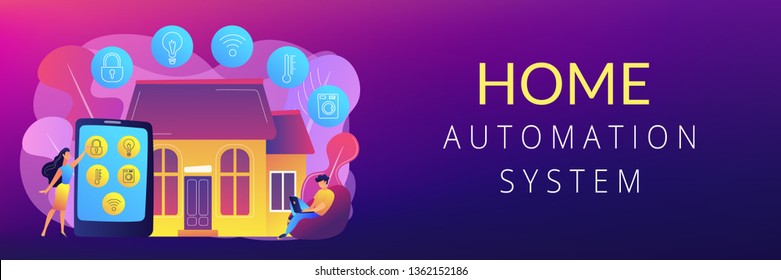 Business people controlling smart house devices with tablet and laptop. Smart home devices, home automation system, domotics market concept. Header or footer banner template with copy space.