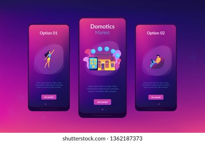 Business people controlling smart house devices with tablet and laptop. Smart home devices, home automation system, domotics market concept. Mobile UI UX GUI template, app interface wireframe