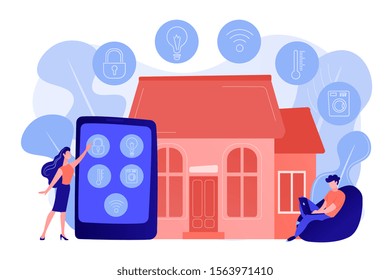 Business people controlling smart house devices with tablet and laptop. Smart home devices, home automation system, domotics market concept. Pinkish coral bluevector isolated illustration