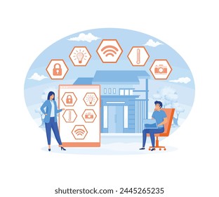 Business people controlling smart house devices with tablet and laptop. Smart home devices, home automation system, domotics market concept. flat vector modern illustration 