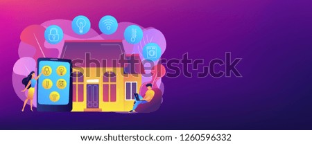 Business people controlling smart house devices with tablet and laptop. Smart home devices, home automation system, domotics market concept. Header or footer banner template with copy space.