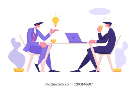 Business People Conversation Concept. Businessmen Discussing Company Strategy At Office Table. Coffee Break, Job Interview. Boss And Employee With Creative Idea Light Bulb. Vector Flat Illustration