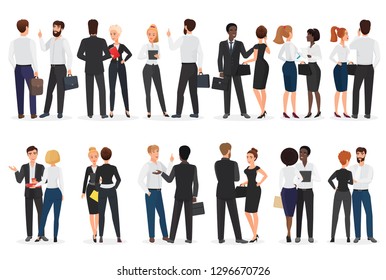 Business People Conversation. Man And Woman Standing Together And Talking, Discussing, Negotiating. Front And Back View Vector Illustration.