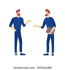 Business people conversation. Two men standing together and talking, discussing, negotiating. Vector illustration.