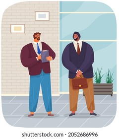 Business People Conversation. Two Men Standing Together And Talking, Discussing, Negotiating. Business Meeting, Working Process. Man Manager Consulting, Talking To Partner About New Contract