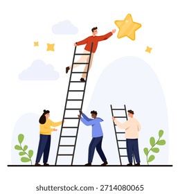 Business people cooperate using ladders to reach a star symbolizing success teamwork achievement and support on an isolated white background for motivation and leadership vector illustration