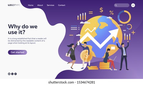 Business people counting profit. Planet, coins, statistics. Business concept. Vector illustration for webpage, presentation, poster