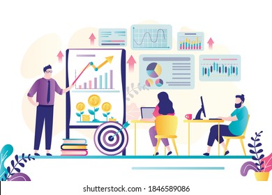 Business people at courses for traders or financiers. Online education training for office workers. Boosting financial literacy. Technology of learning and skill increase. Flat vector illustration