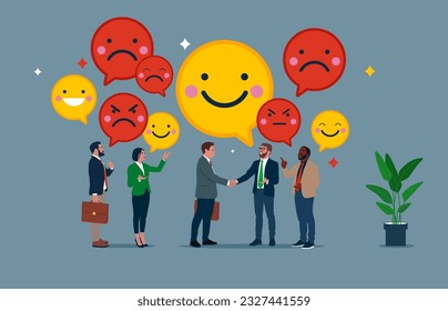 Business people coworker discussing work in meeting with positive and negative news. Discussion, conversation, meeting, team communication, colleague chatting, opinion. Vector illustration.