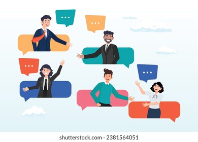 Business people coworker having conversation on speech bubble, conversation or business discussion, meeting, talk or chat together, group talk or communication dialog, message or speaking (Vector)