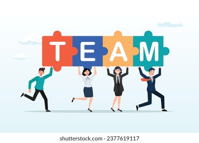 Business people coworker help connect team jigsaw, team puzzle jigsaw connect, teamwork solving problem or cooperation for team success, collaboration idea, colleague work together (Vector)