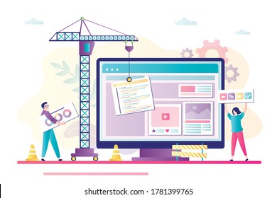 Business people and crane building web page. Concept of teamwork, website builder and development. Group of workers and AI working together on creating site design. Trendy flat vector illustration