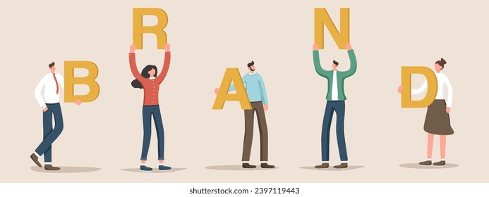 Business people create a brand, company personality development, teamwork and brainstorming to create a business and prosperity, cooperation or partnership, random people hold letters of word brand. svg