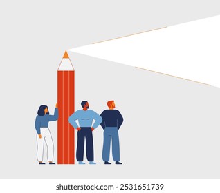 Business People create innovative ideas and solutions. Creative Looking in the future. Men and woman near the big pencil which like a lighthouse lighting the pathway forward. Vector illustration