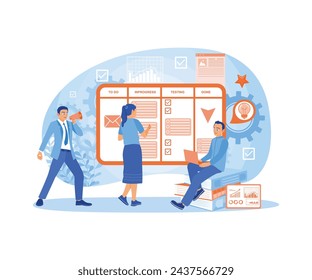 Los hombres de negocios crean conceptos de trabajo en equipo en tableros kanban en línea. Concepto de gestión de proyectos. Ilustración vectorial plana.