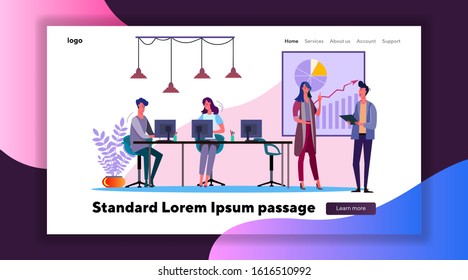 Business people creating project. Men and women working at office flat vector illustration. Discussion, teamwork, planning concept for banner, website design or landing web page