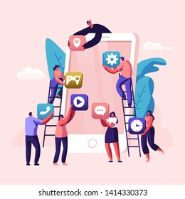 Business People Creative Team Putting App Icons on Huge Smartphone Screen. Designers Develop Application for Mobile Phone, Busy Working Process, Cooperation, Teamwork. Cartoon Flat Vector Illustration