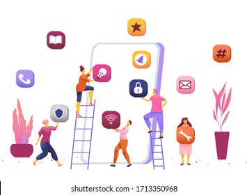 Business People Creative Team Putting App Icons on Huge Smartphone Screen. Designers Develop Application for Mobile Phone, Busy Working Process, Cooperation, Teamwork. Cartoon Flat Vector Illustration