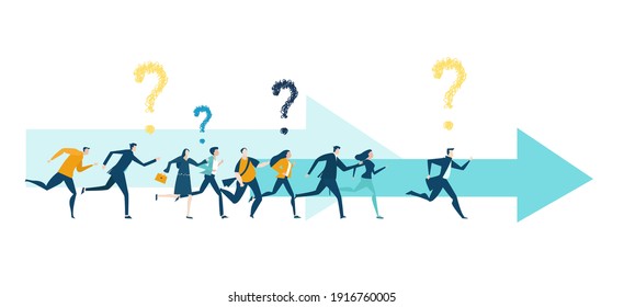 Business people, creative team running forward with question marks above heads