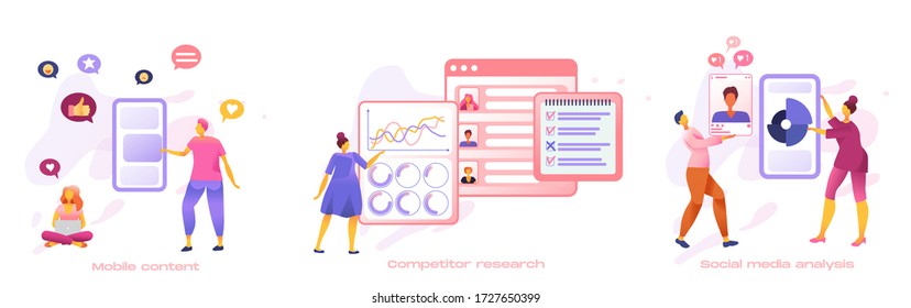 Business people creative team set for SMM analytics, audience segmentation. Designers develop application for mobile phone, busy working process, cooperation, teamwork. Cartoon flat 3d Illustration