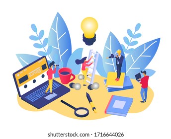 Business people creative teamwork, vector illustration. Business meeting on table, character planning project marketing. Woman with creative idea, boss directing by loudspeaker, worker use laptop.