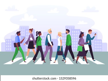 Business people cross road. Businessman crosses zebra crossing, walk to office and city roads crosswalk. Pedestrian crowd, businesswoman crosswalk or street walking vector illustration