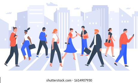 Business People Cross Road. People In City Crosswalk, Office Workers Walking On Crowded. Businessman And Businesswoman Crosswalk. Workers Crossing City Street Vector Illustration