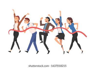 Business People Crossing the Finish Line, Team Leader Professional Competition Vector Illustration