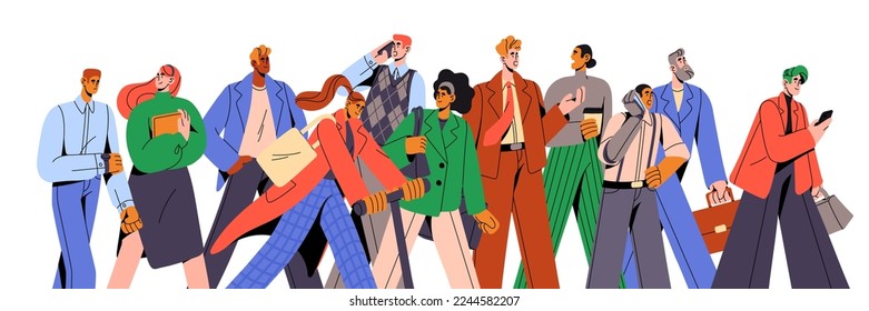 Business people crowd. Diverse office workers, employees, managers. Different businessmen, businesswomen, many men, women entrepreneurs in motion. Flat vector illustration isolated on white background