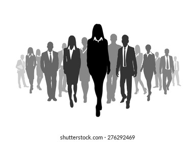 Business People Crowd Walk Black Silhouette Concept Businesspeople Group Step Forward over  Vector Illustration