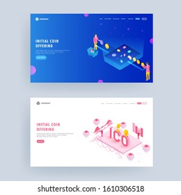 Business people cryptocurrency exchange to ICO token with observing the hike or whop of crypto values for Initial Coin Offering concept based landing page set.