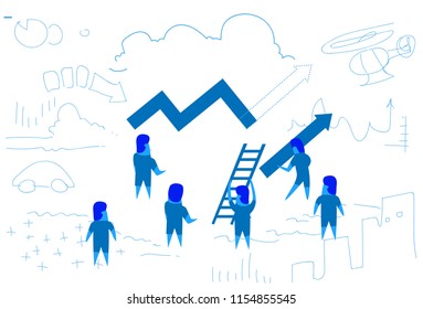 business people curved line arrow holding ladder financial analysis concept teamwork brainstorming strategy horizontal sketch doodle vector illustration