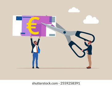 Business people cutting scissors to cut euro banknotes. Divide money, share profits. Flat vector illustration.