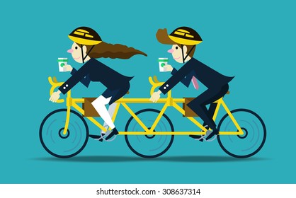 Business People Cycling To Work. Teamwork Concept.flat Design Character. Vector Illustration