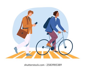 Business People Daily Routine. Employees or workers of company walking along crossroads and hurrying to office in morning. Lifestyle of clerks. Cartoon flat vector illustration isolated on background